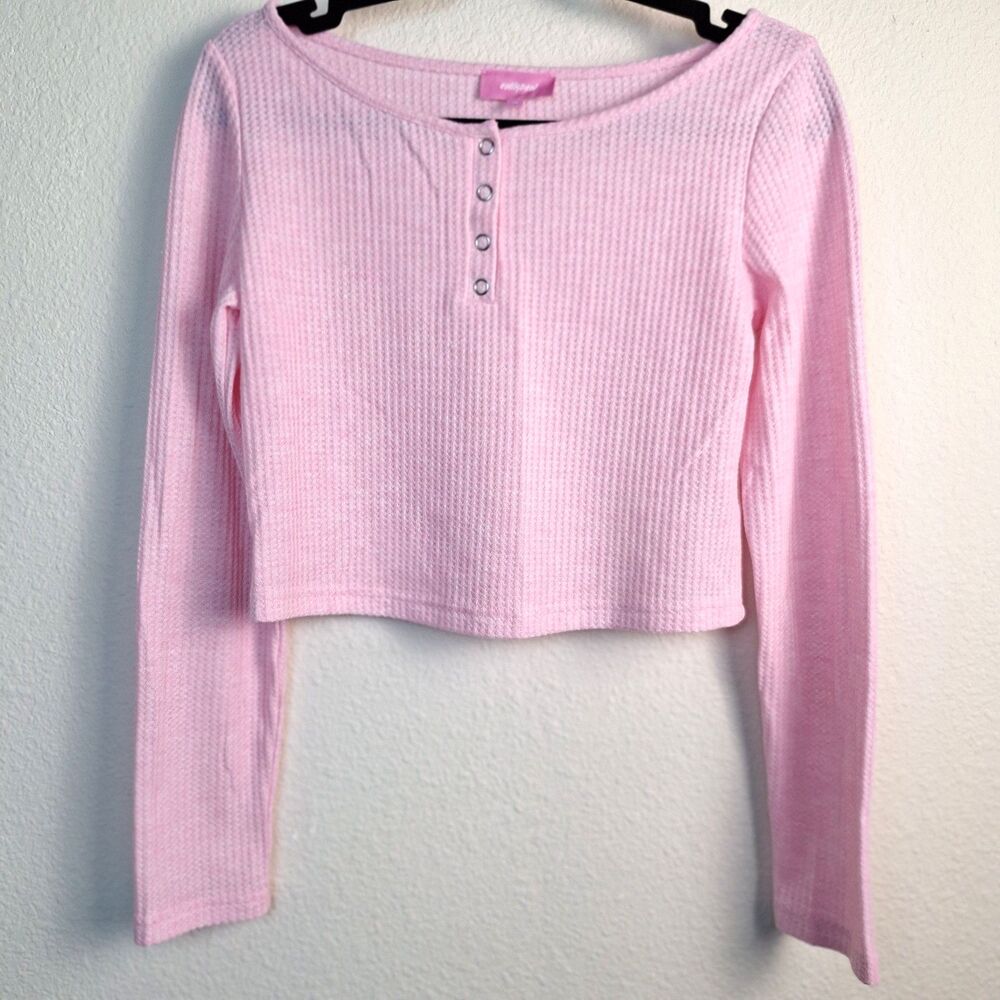 EDIKTED Pink Waffle Top Knit Cropped Henley Sm Snap Coquette Y2K Loungewear